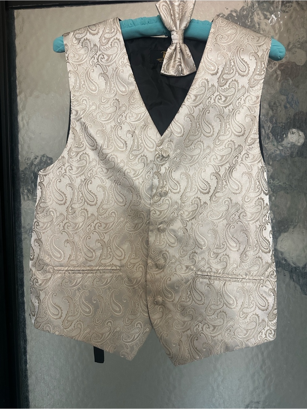 Men's Champagne Paisley Dress Vest with Bow Tie and handkerchief
